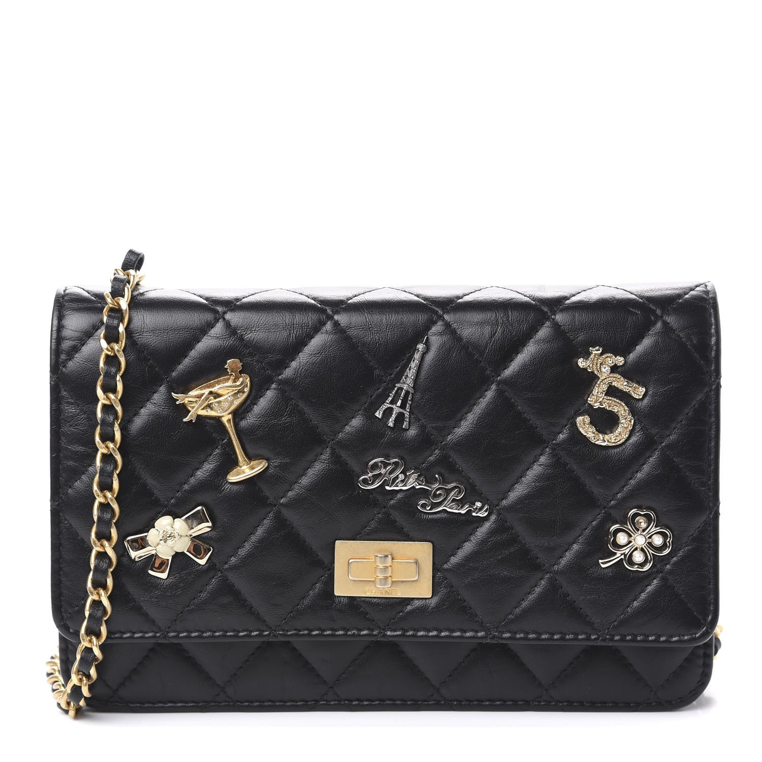 Chanel Aged Calfskin Quilted Lucky Charms 2.55 Reissue Wallet On Chain WOC Black 1 of 12