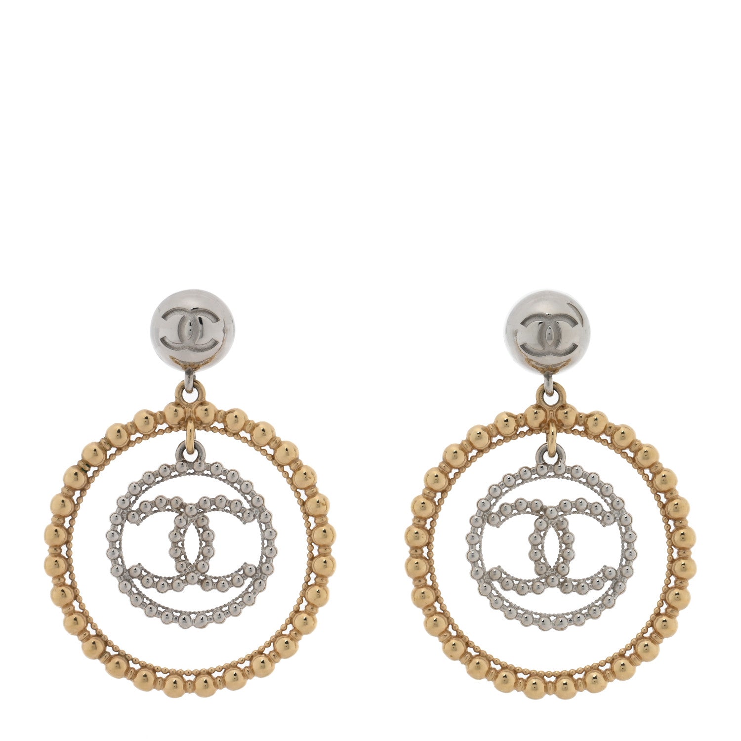 Chanel Metal Bead Round CC Drop Earrings Gold Silver 1 of 4