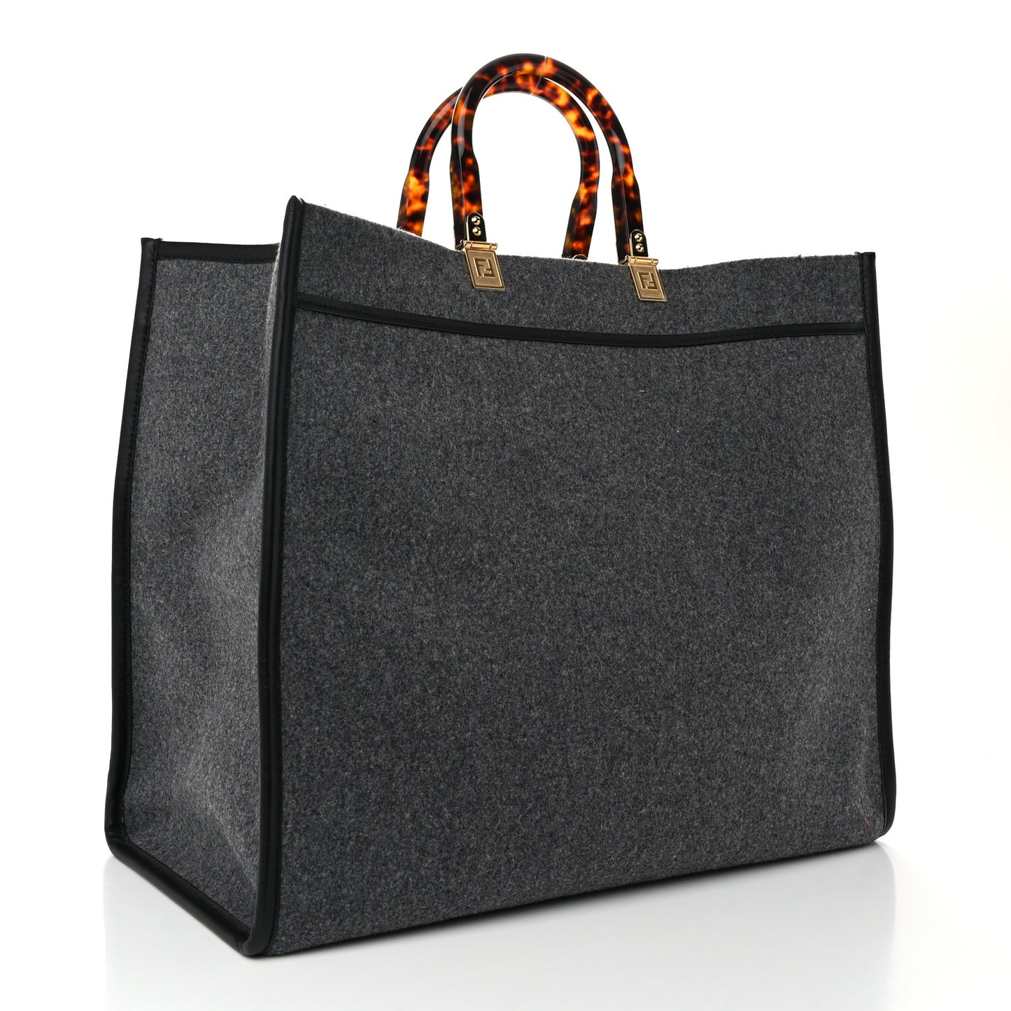 Melange Flannel Plexiglass Satin Logo Embroidered Threaded Edge Large Fendi Sunshine Shopper Tote Grigio Black