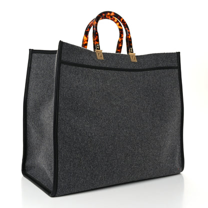 Fendi Melange Flannel Plexiglass Satin Logo Embroidered Threaded Edge Large Fendi Sunshine Shopper Tote Grigio Black 3 of 10