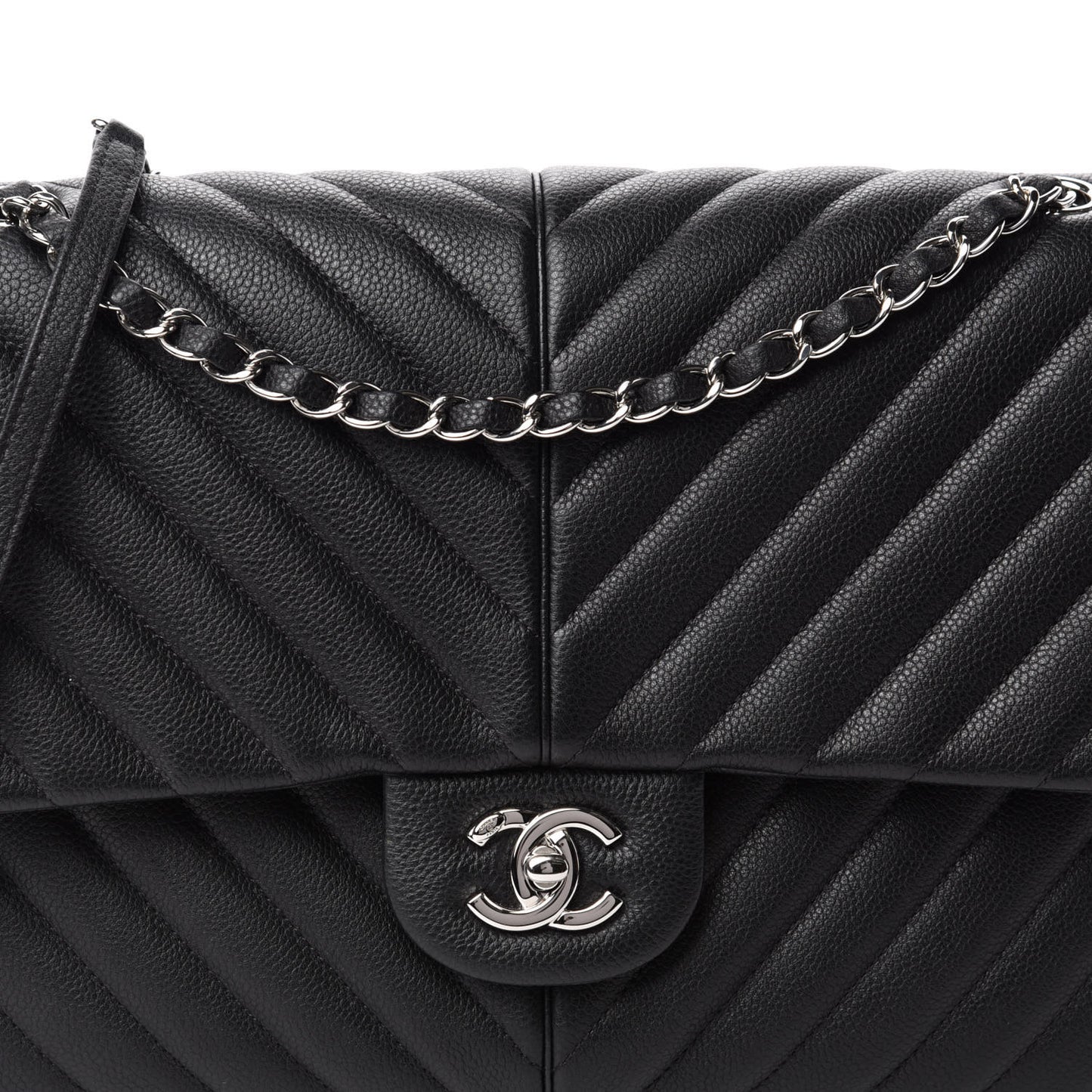Caviar Chevron Quilted Large Puffy CC Flap Black