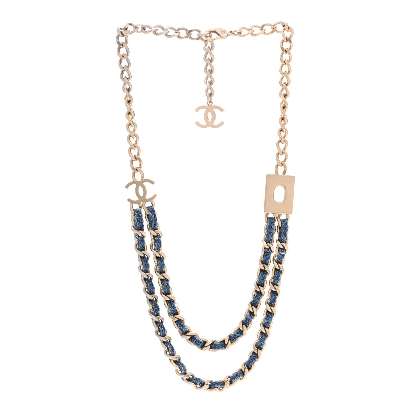 Metal Denim CC Double Chain Necklace Blue Gold