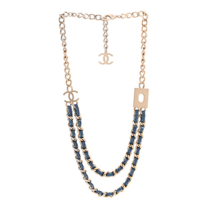Chanel Metal Denim CC Double Chain Necklace Blue Gold 3 of 6
