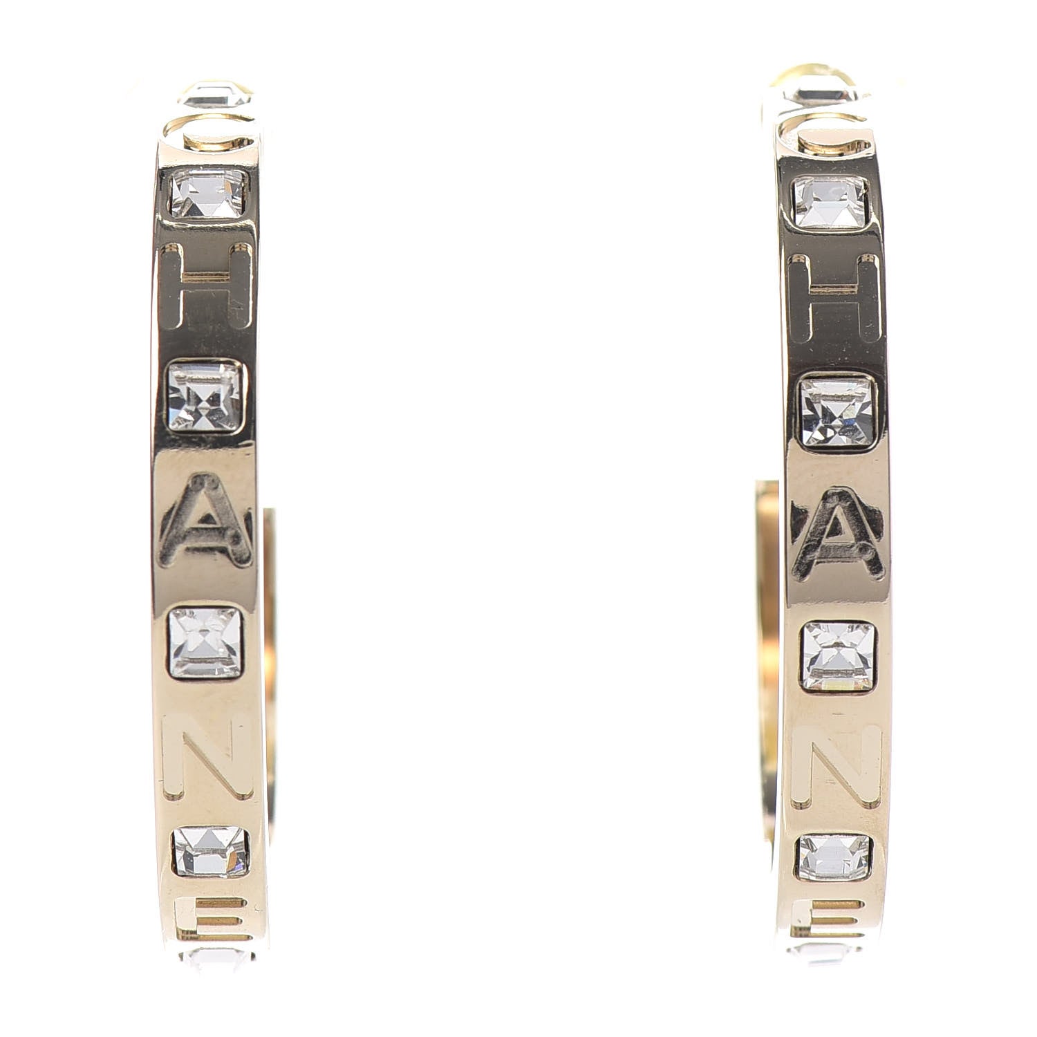 Chanel Metal Baguette Crystal Logo CC Hoop Earrings Gold 1 of 5