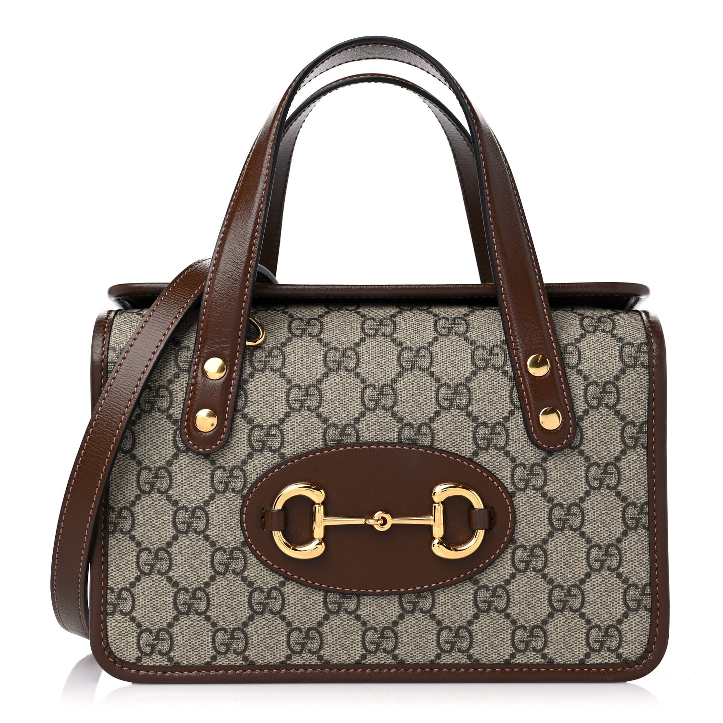 GG Supreme Monogram Azalea Calfskin Mini Horsebit 1955 Foldover Top Handle Bag Beige Ebony Brown Sugar