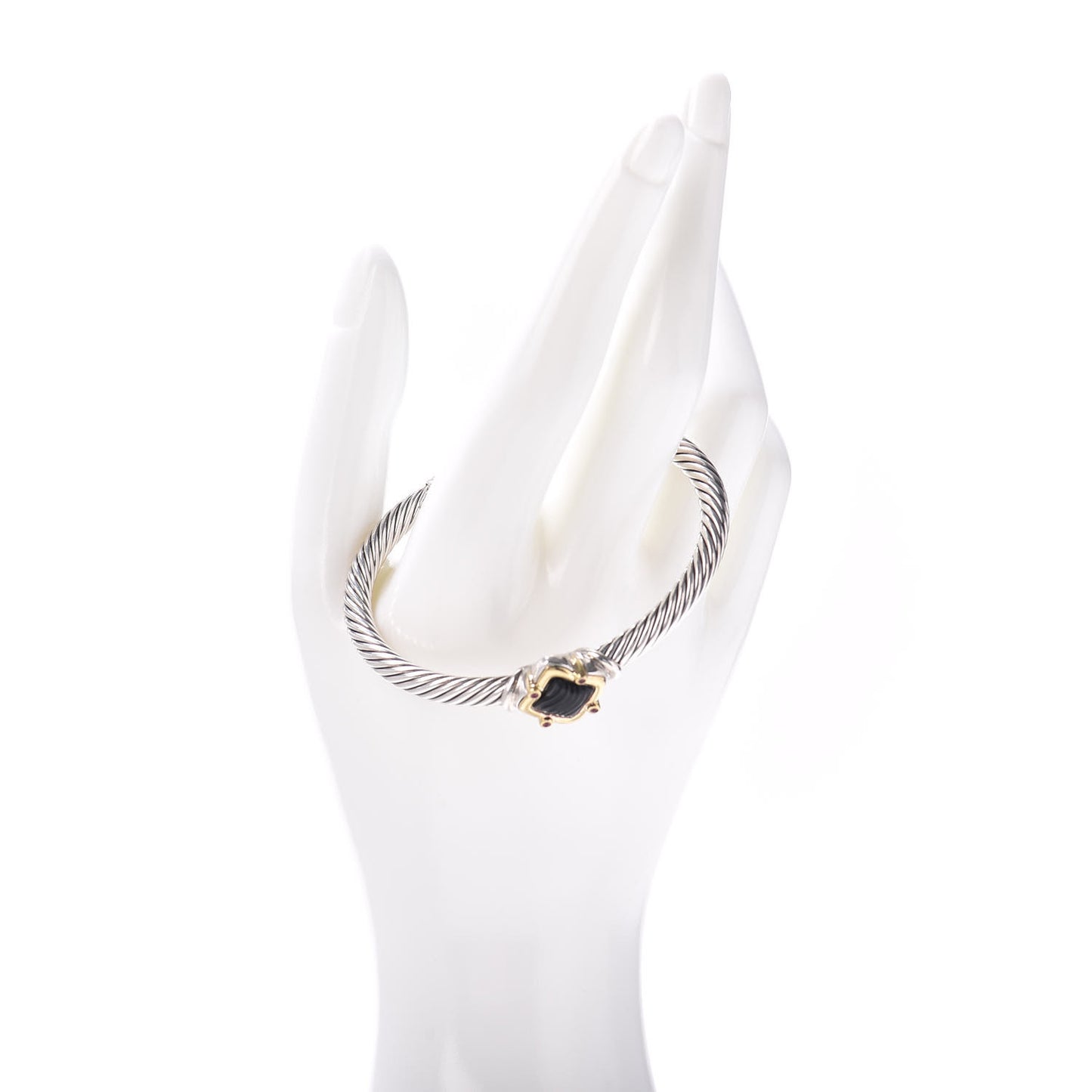 Sterling Silver 18K Yellow Gold Black Onyx Ruby Quatrefoil Cable Bracelet