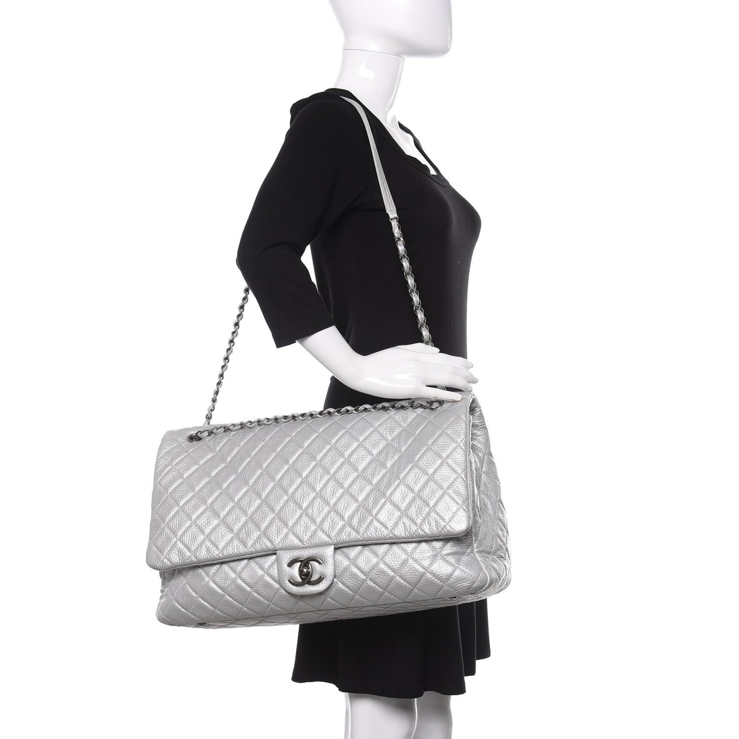 Metallic Calfskin Quilted XXL Travel Flap Bag Silver