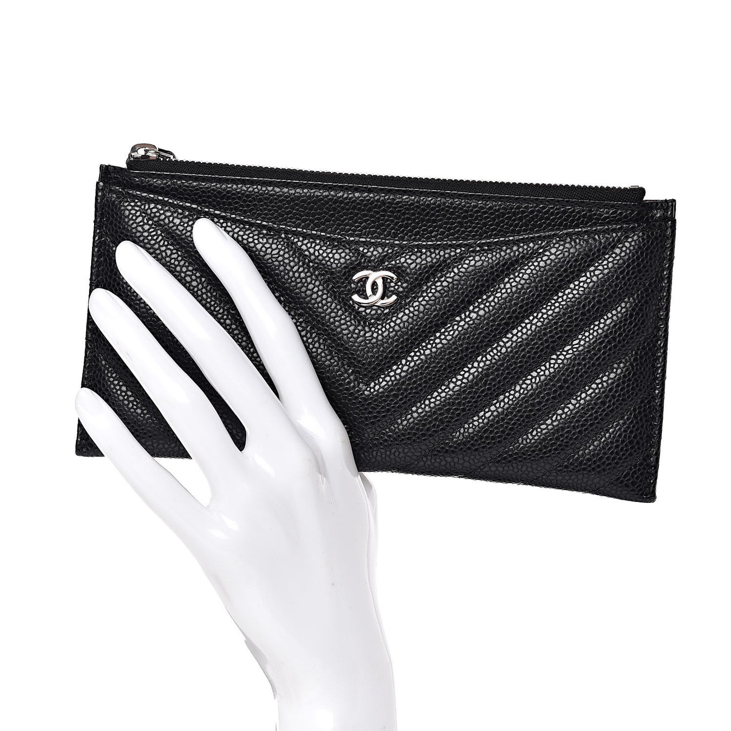 Caviar Chevron Quilted Zip Pouch Black