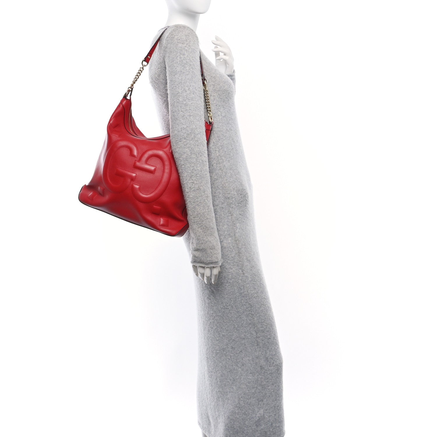 Gucci Apollo Calfskin GG Dadini Embroidered Chain Hobo Hibiscus Red 2 of 10