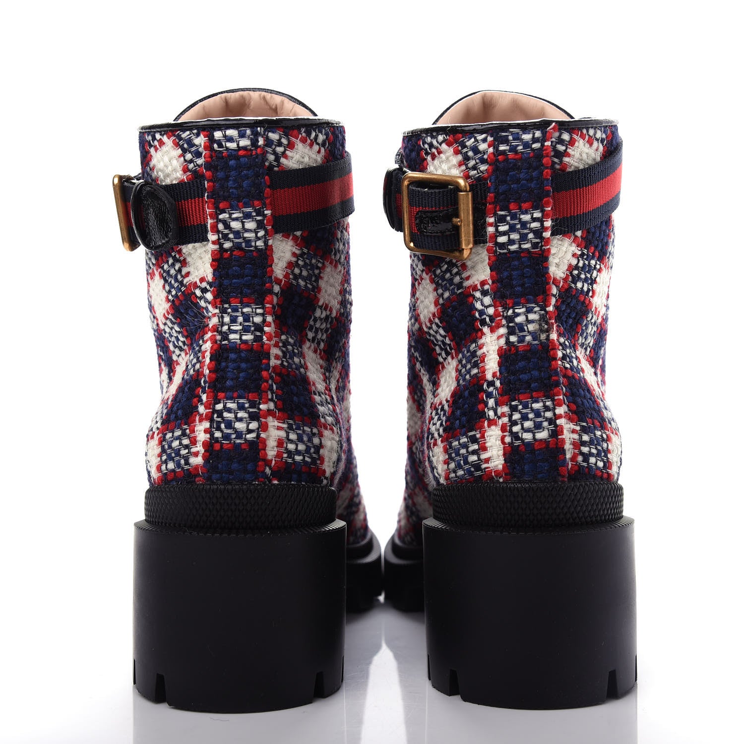 Gucci Vintage Tweed Check Lace Up Combat Ankle Boots 36.5 White Hibiscus Red Marine 7 of 11