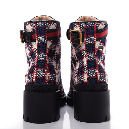 Gucci Vintage Tweed Check Lace Up Combat Ankle Boots 36.5 White Hibiscus Red Marine 7 of 11