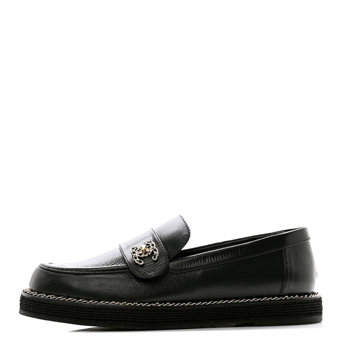 Shiny Calfskin CC Moccasin Loafers 38 Black