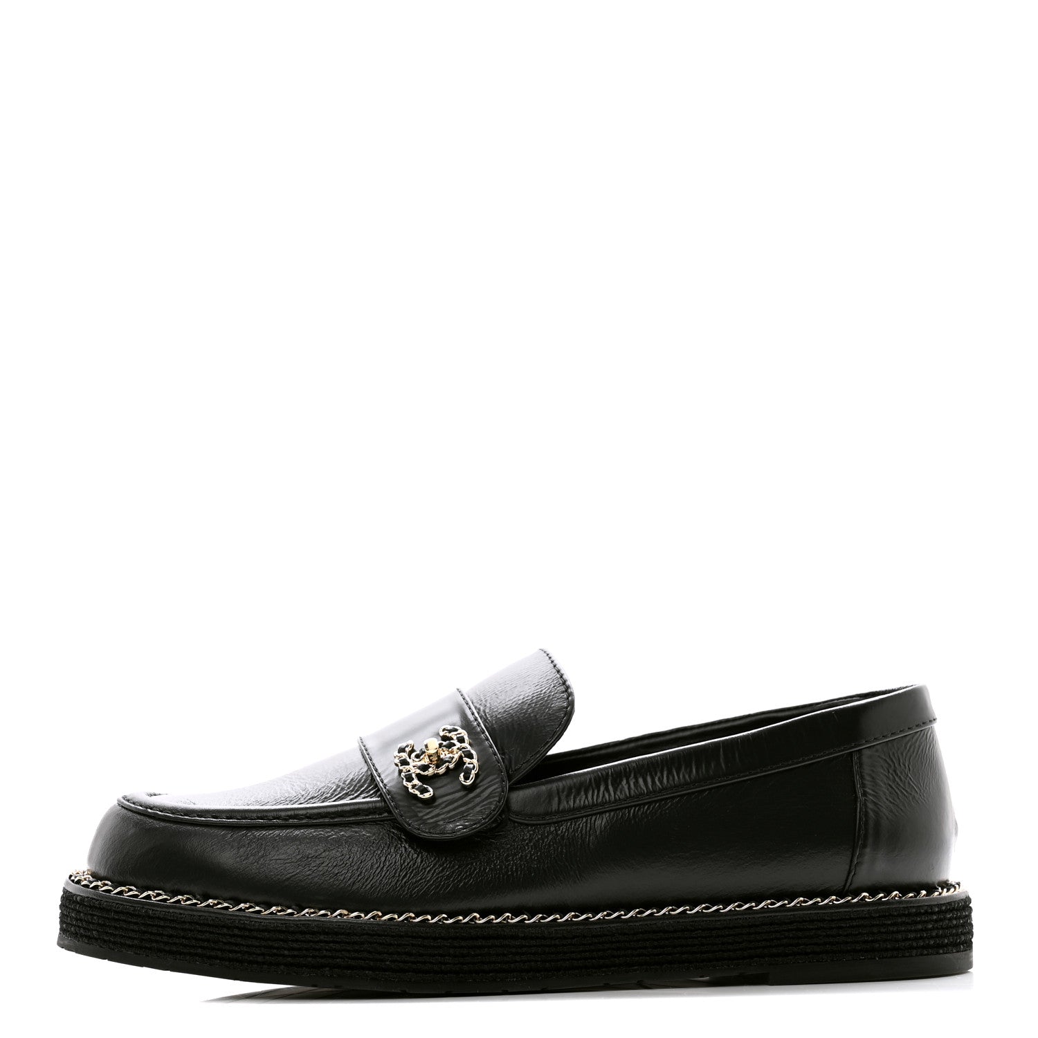 Chanel Shiny Calfskin CC Moccasin Loafers 38 Black 1 of 9