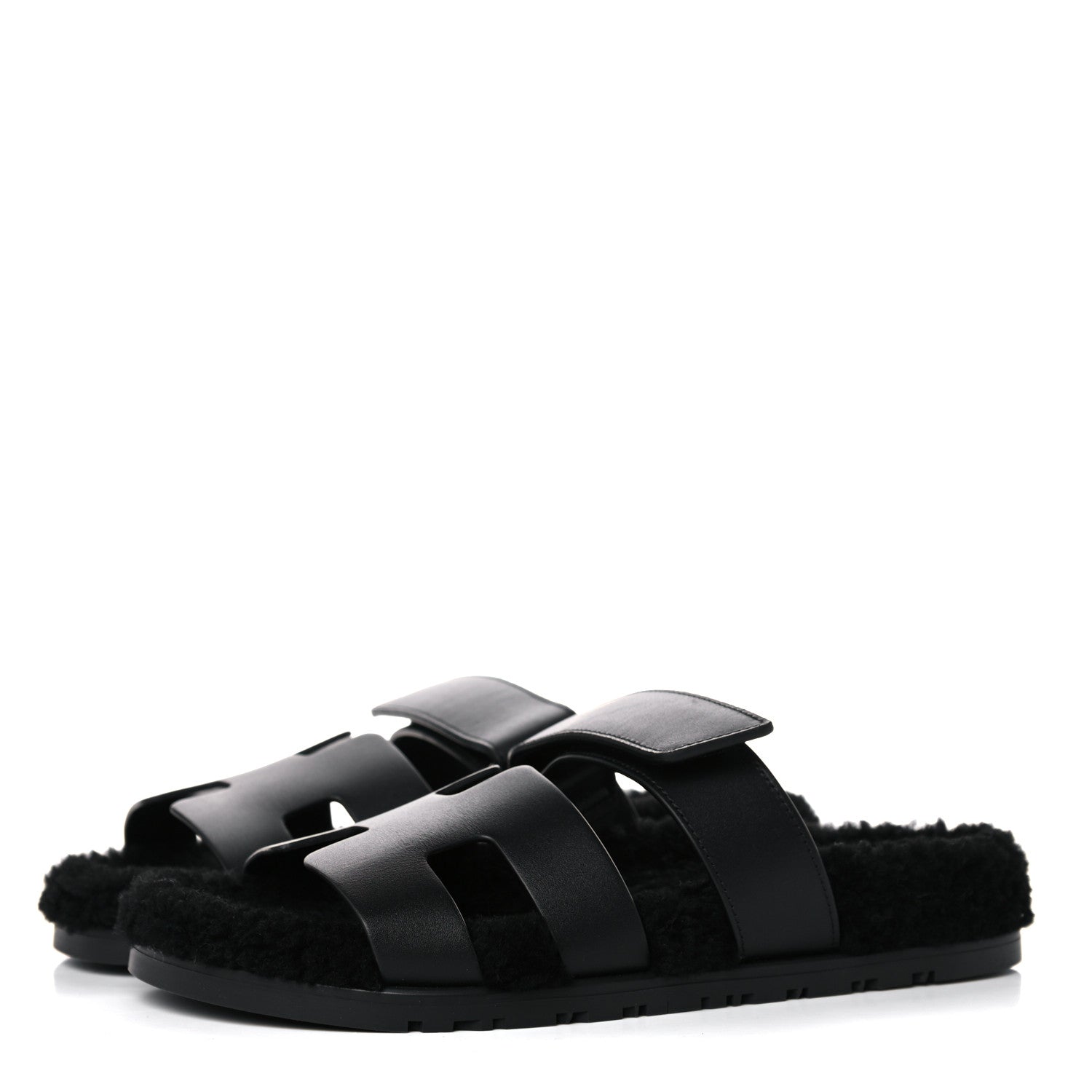 Hermes Calfskin Woolskin Womens Chypre Sandals 38.5 Black 3 of 11