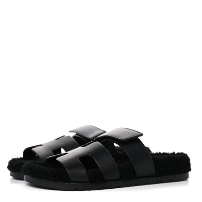 Hermes Calfskin Woolskin Womens Chypre Sandals 38.5 Black 3 of 11