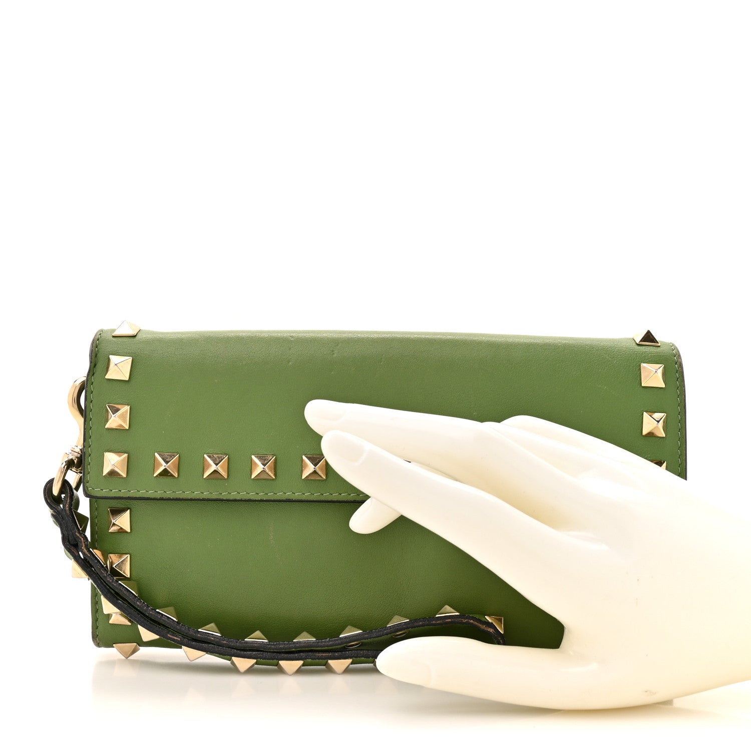 Valentino Garavani Calfskin Rockstud Wristlet Travel Wallet Green 2 of 17