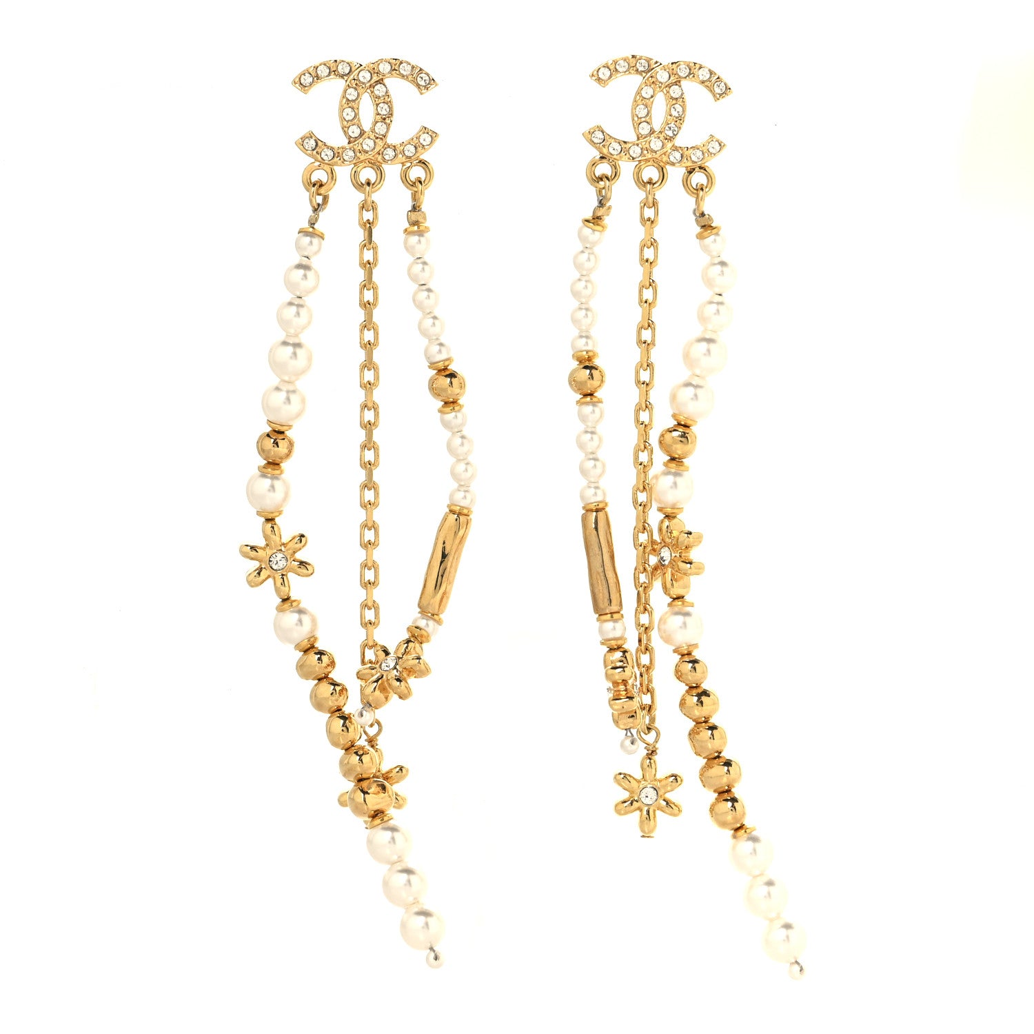 Chanel Pearl Crystal CC Flower Chain Multi Drop Earrings Gold 1 of 4