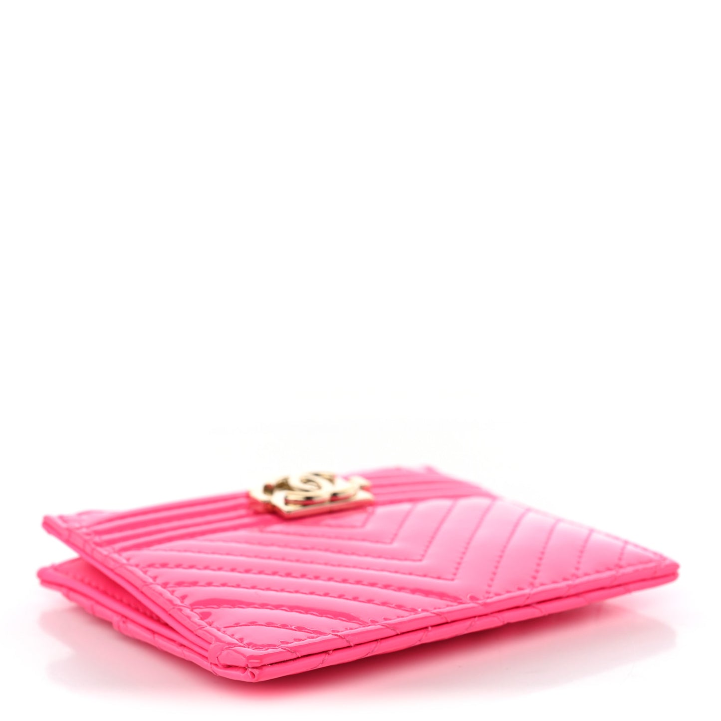 Patent Chevron Quilted Boy Zip Card Holder Neon Pink