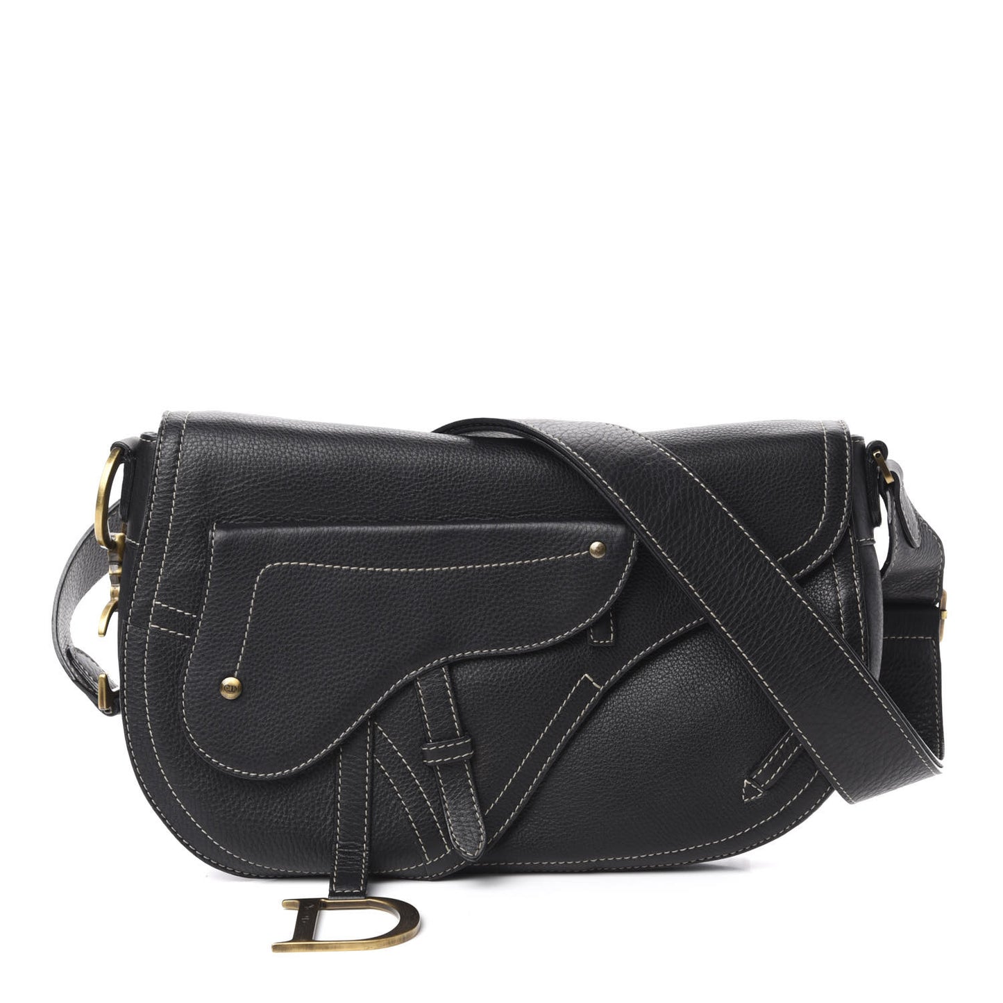 Grained Calfskin Double Saddle Bag Black