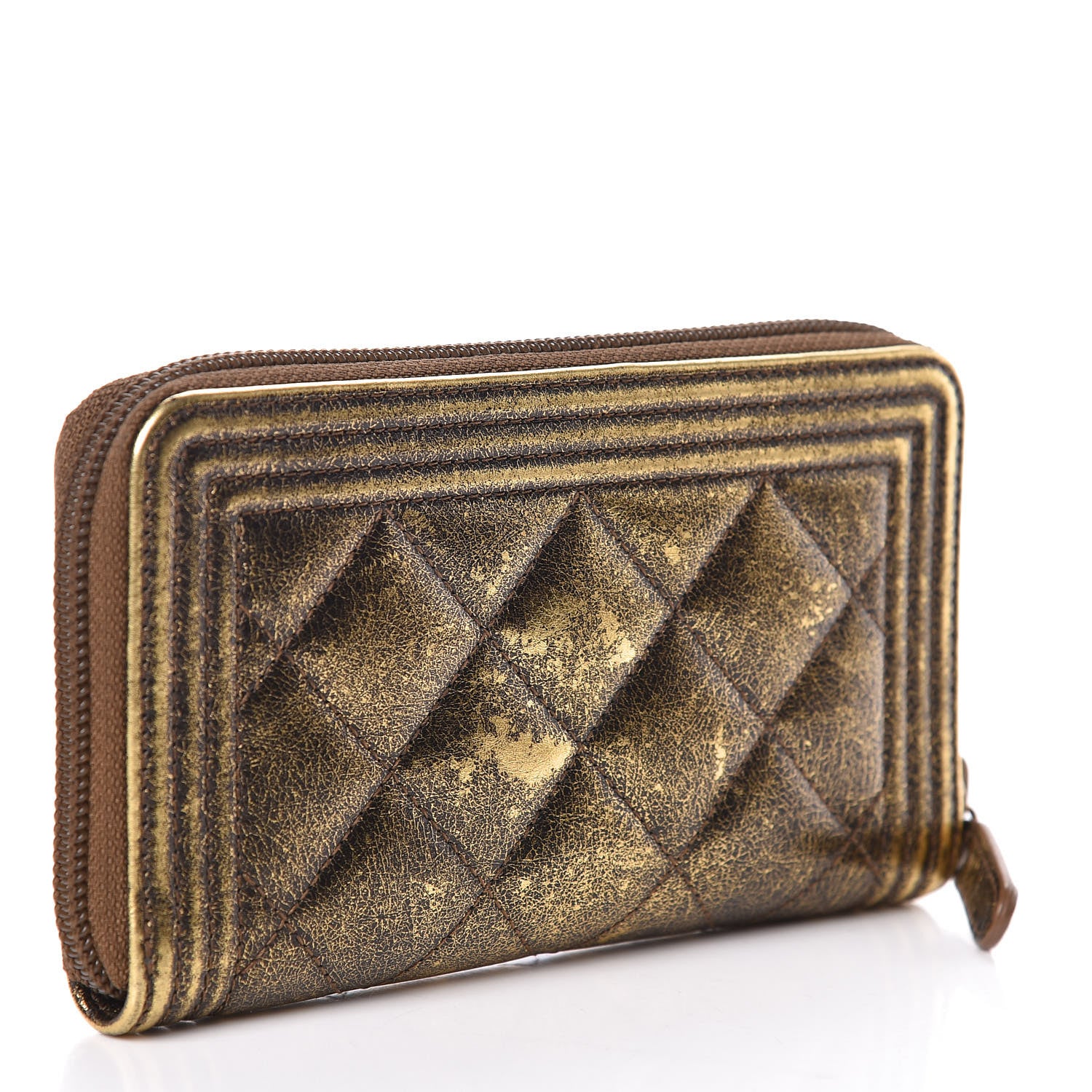 Chanel Cracked Metallic Calfskin Quilted Small Boy Zip Around Wallet Gold 3 of 11