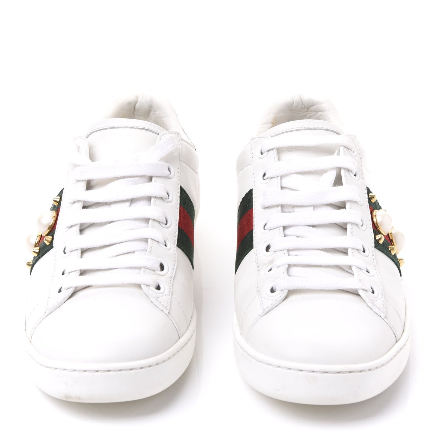 Calfskin Web Pearl Studded Womens Ace Sneakers 35.5 White
