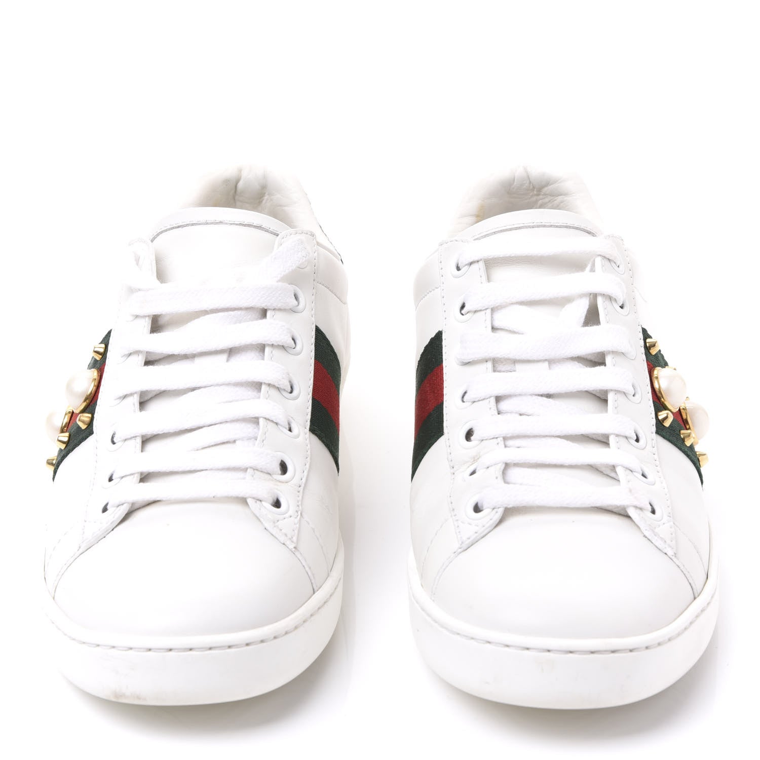 Gucci Calfskin Web Pearl Studded Womens Ace Sneakers 35.5 White 3 of 9