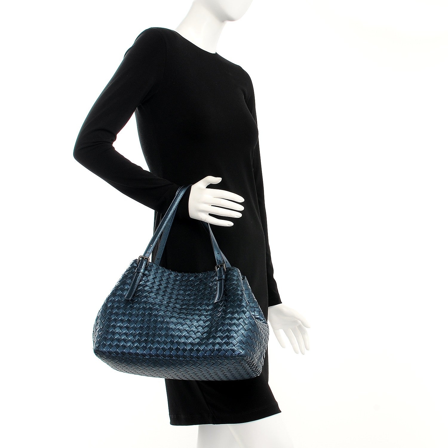 Bottega Veneta Metallic Grosgrain Intrecciato Medium A Shape Seamless Tote Blue 2 of 9