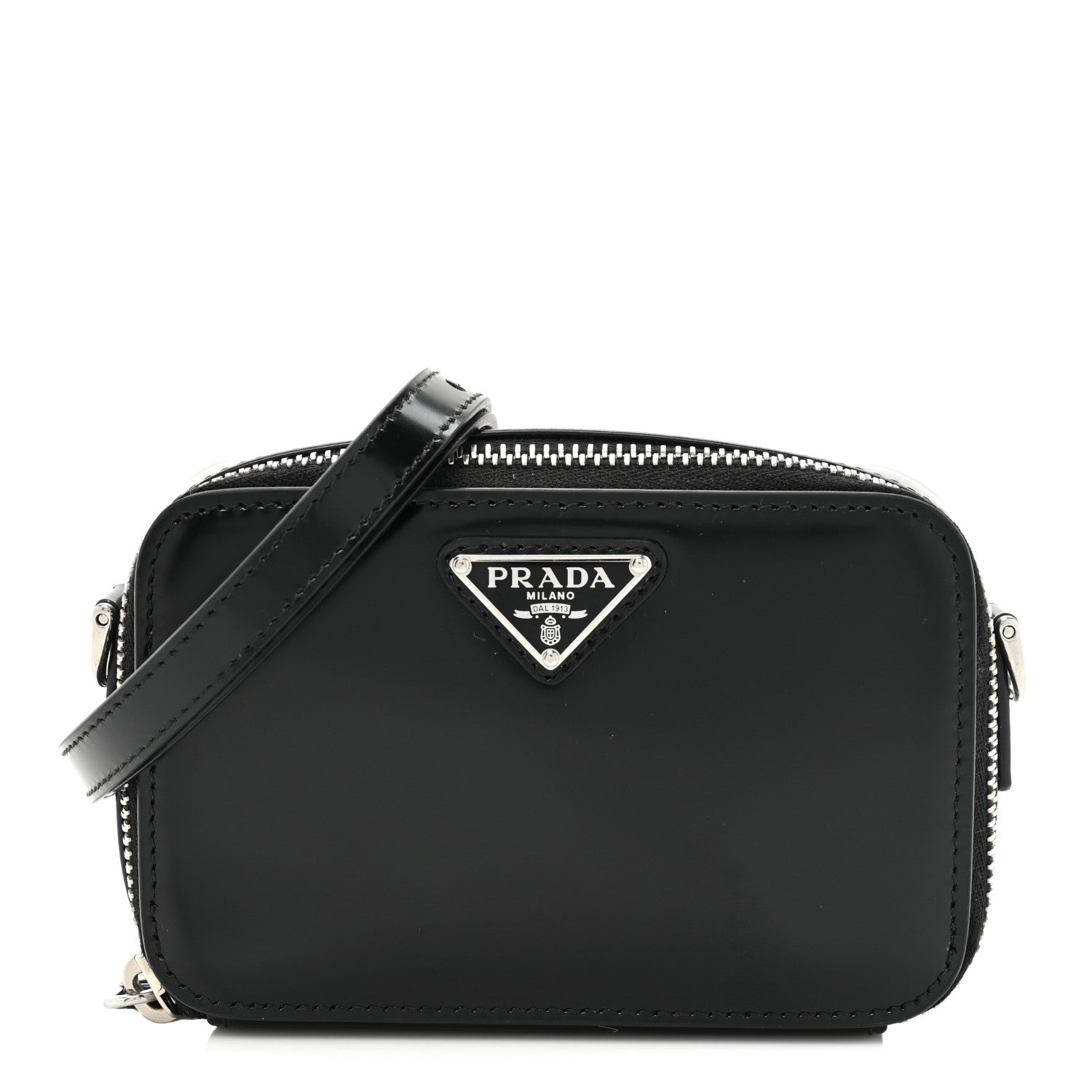 Prada Spazzolato Metal Triangle Logo Mini Pouch Shoulder Bag Black 1 of 8