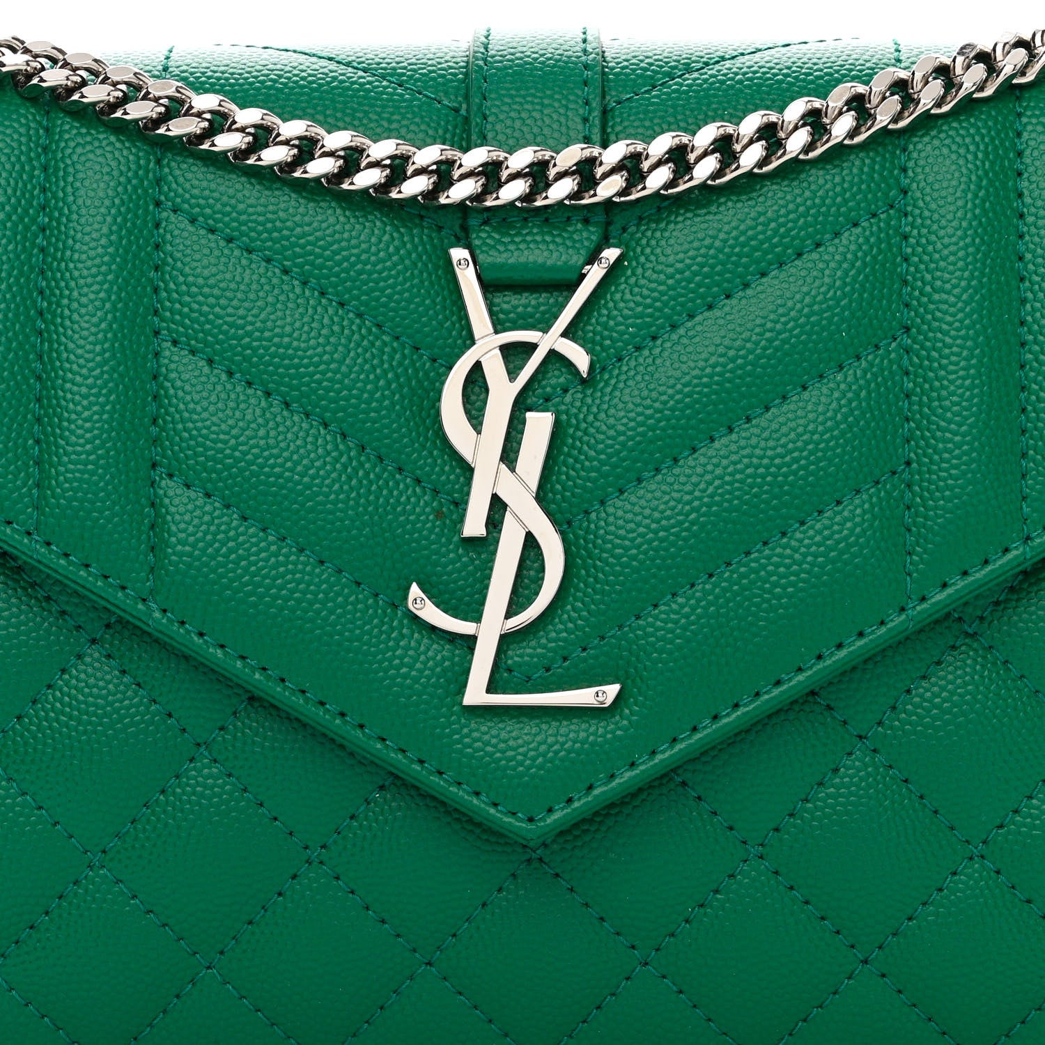 Saint Laurent Grain De Poudre Mixed Matelasse Triquilt Monogram Chain Wallet Green Field 7 of 10