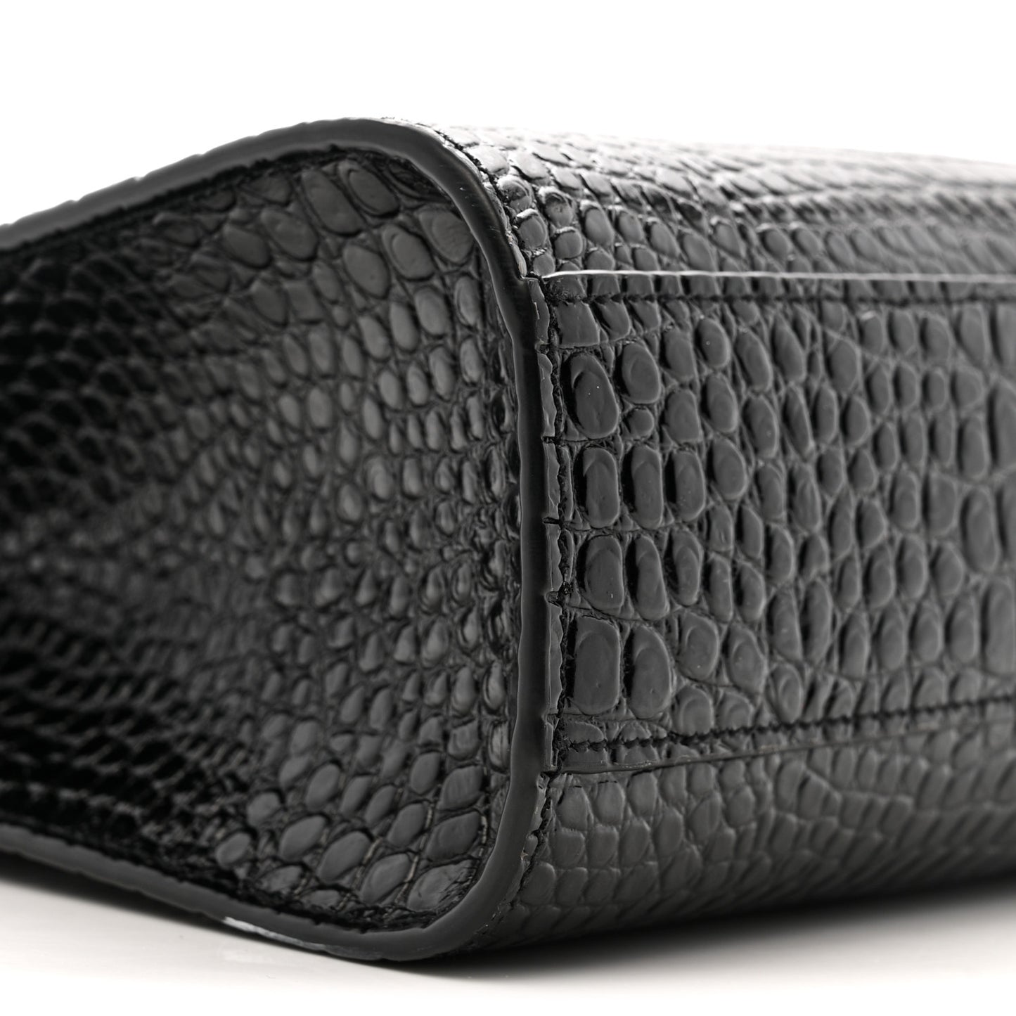 Shiny Calfskin Crocodile Embossed Manhattan Baguette Black