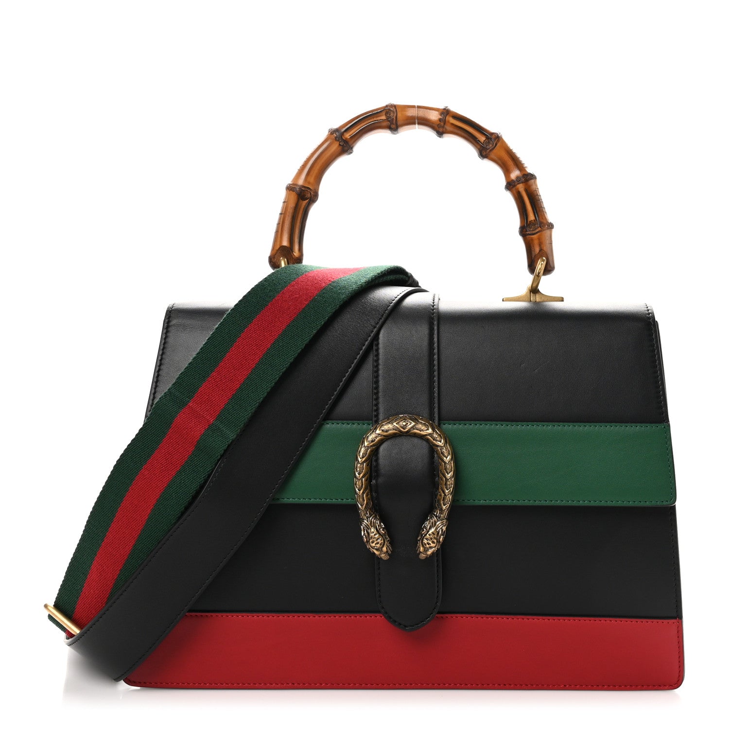 Gucci Calfskin Bamboo Web Large Dionysus Top Handle Bag Black Bright Evergreen Hibiscus Red 1 of 11