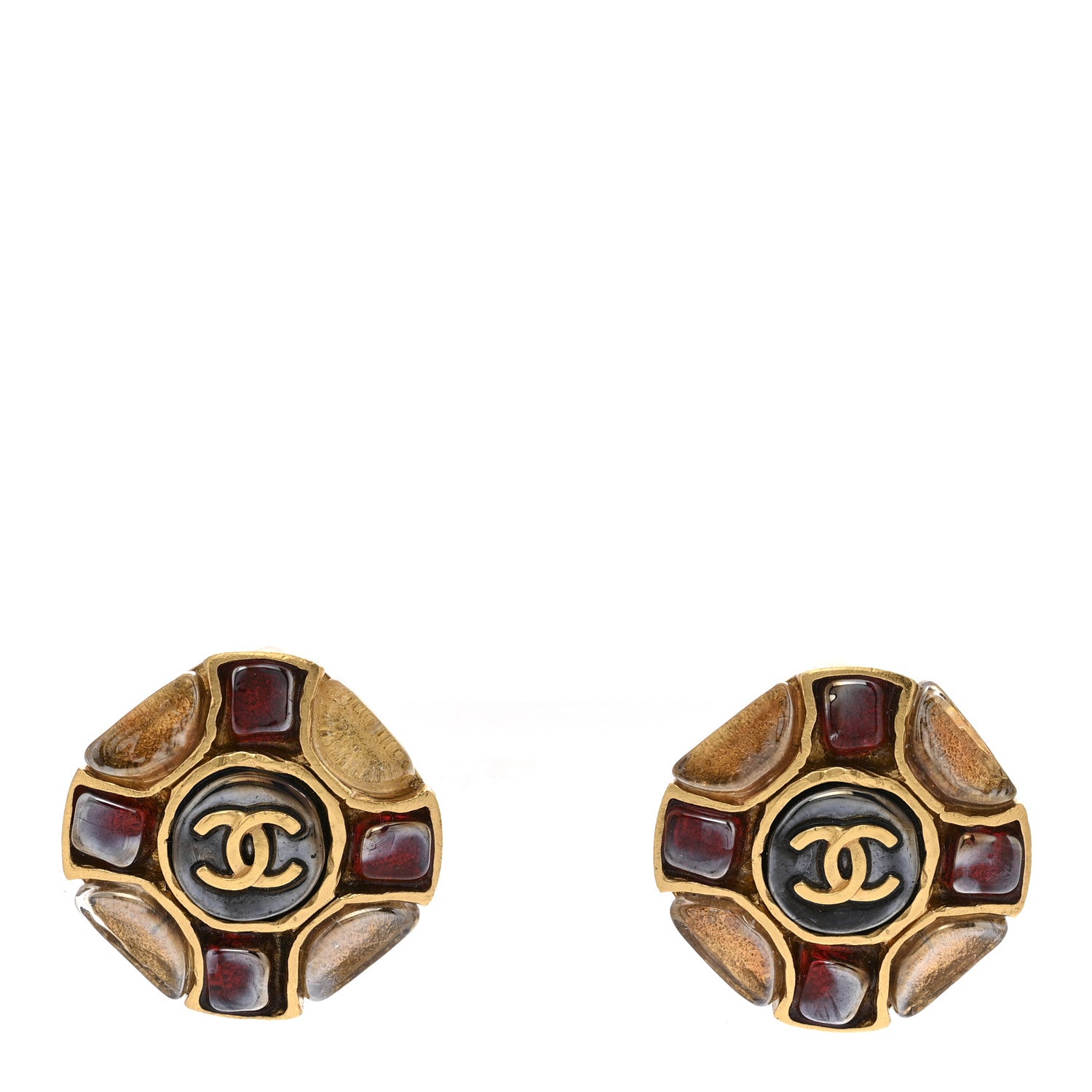 Chanel Gripoix Clip On Earrings Gold Red Black 1 of 7