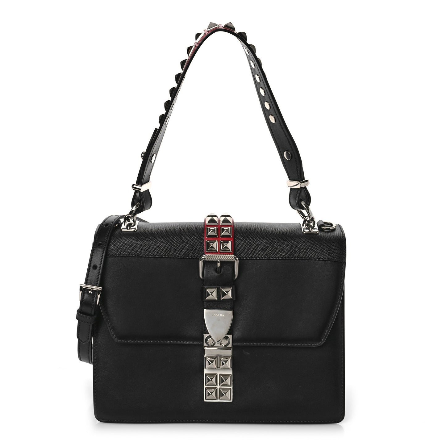 Saffiano City Calfskin Studded Elektra Shoulder Bag Black Fuoco
