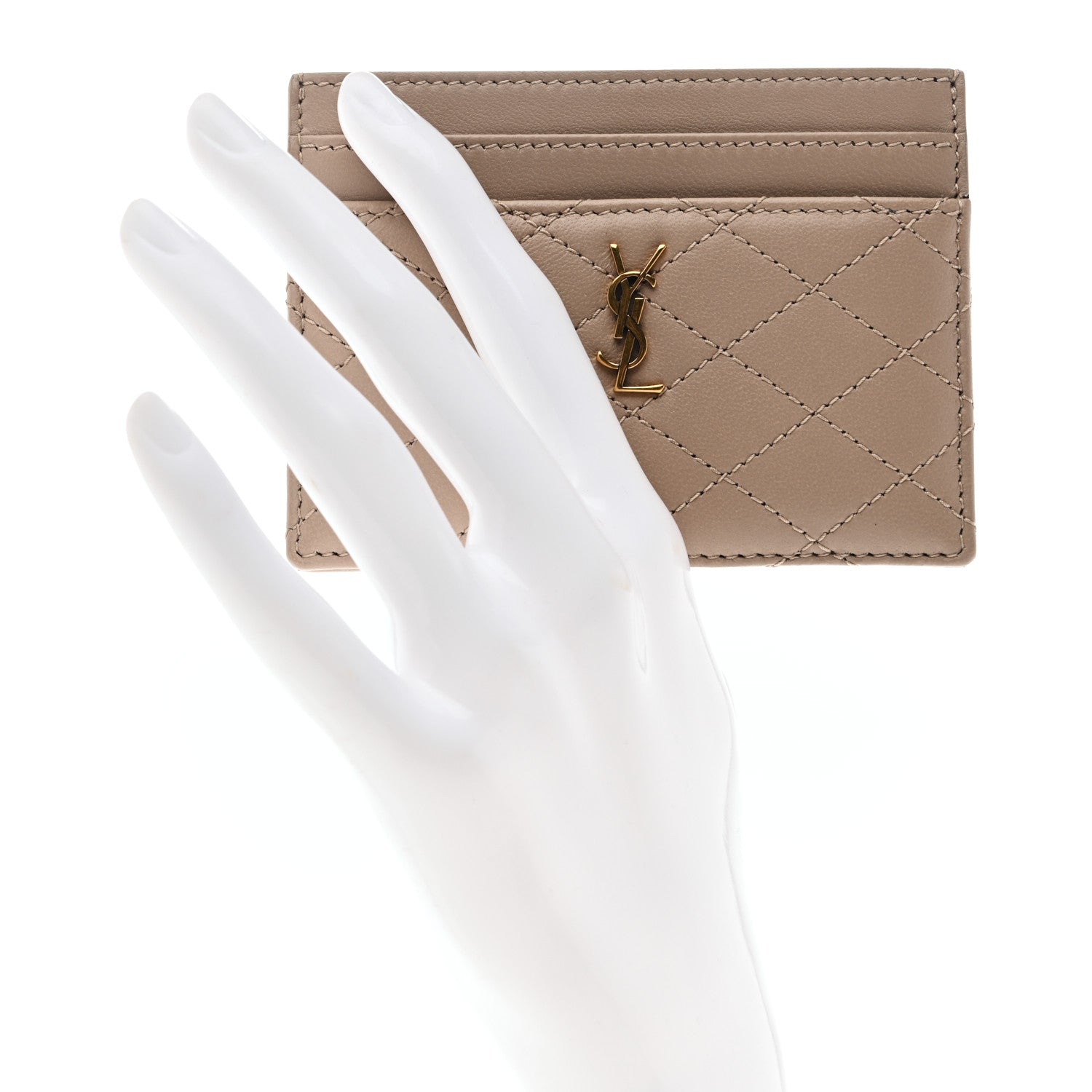 Saint Laurent Lambskin Quilted Gaby Card Case Dark Beige 2 of 7