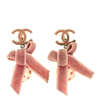 Chanel Metal Enamel CC Bow Drop Earrings Pink Gold 1 of 4