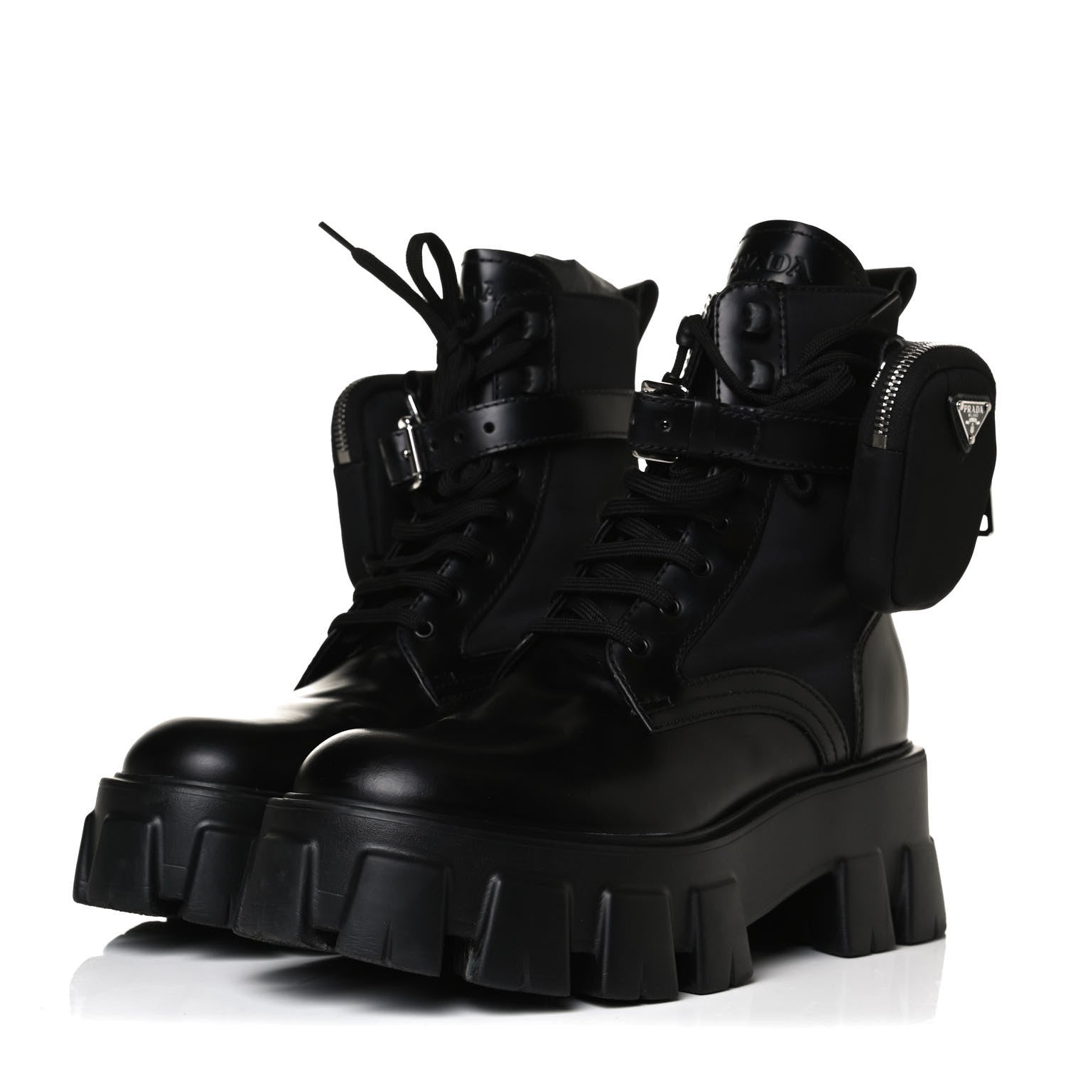 Prada Spazzolato Rois Nylon Metal Triangle Logo Monolith Pouch Pocket 55mm Boots 38 Black 3 of 14