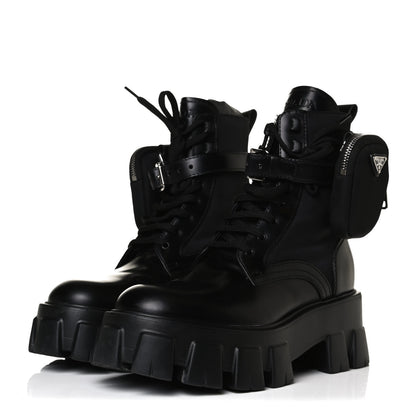 Prada Spazzolato Rois Nylon Metal Triangle Logo Monolith Pouch Pocket 55mm Boots 38 Black 3 of 14
