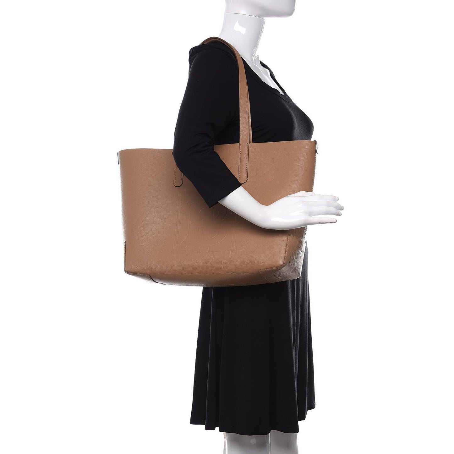 Calfskin TB Motif Embossed Medium Tote Camel