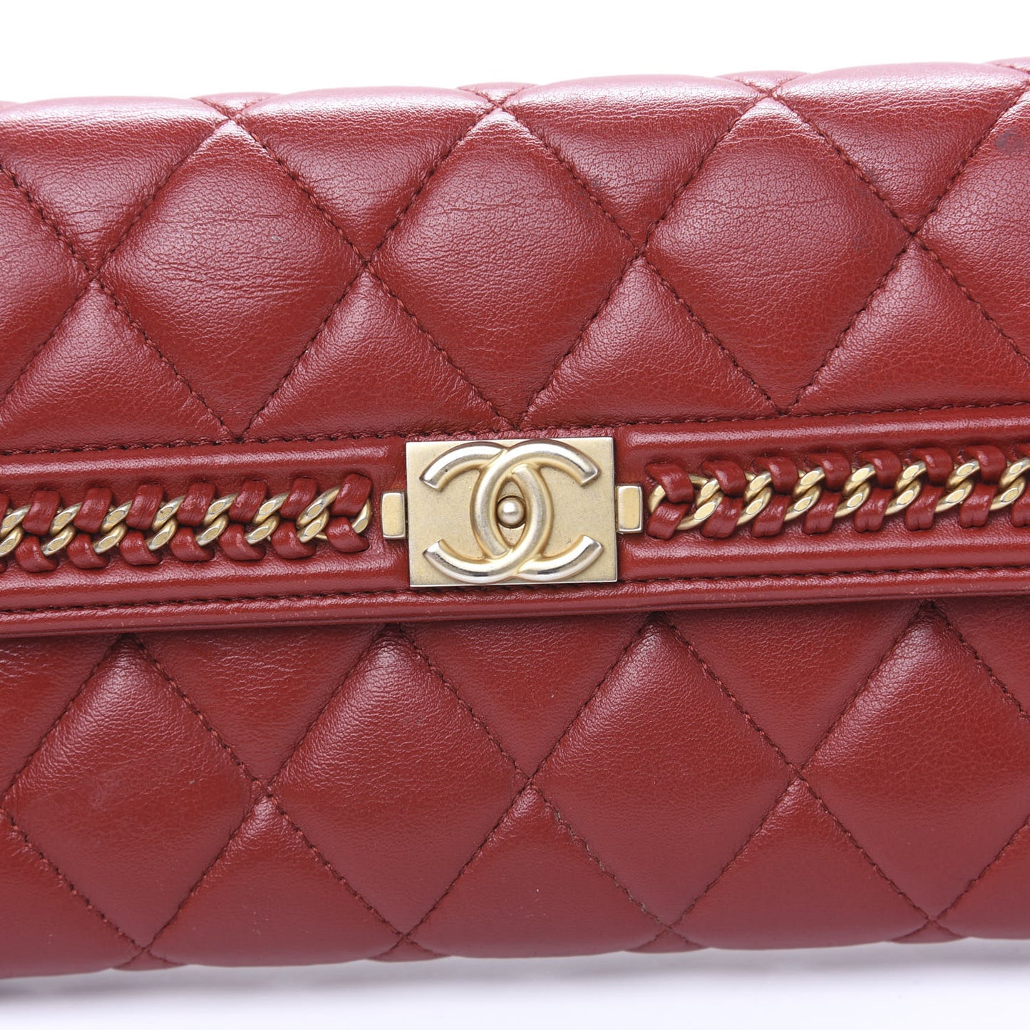 Calfskin Quilted Boy Chain Around Flap Wallet Red