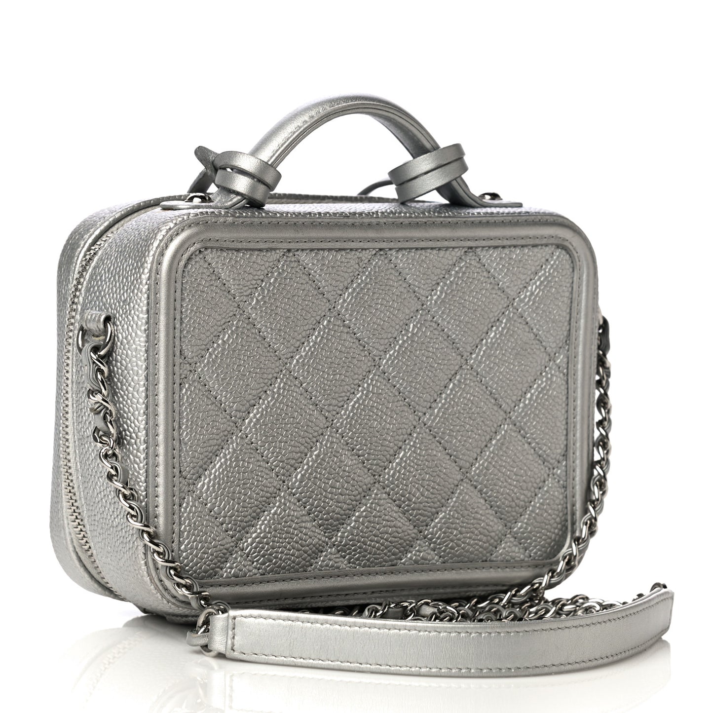 Metallic Caviar Quilted Small CC Filigree Vanity Case Silver