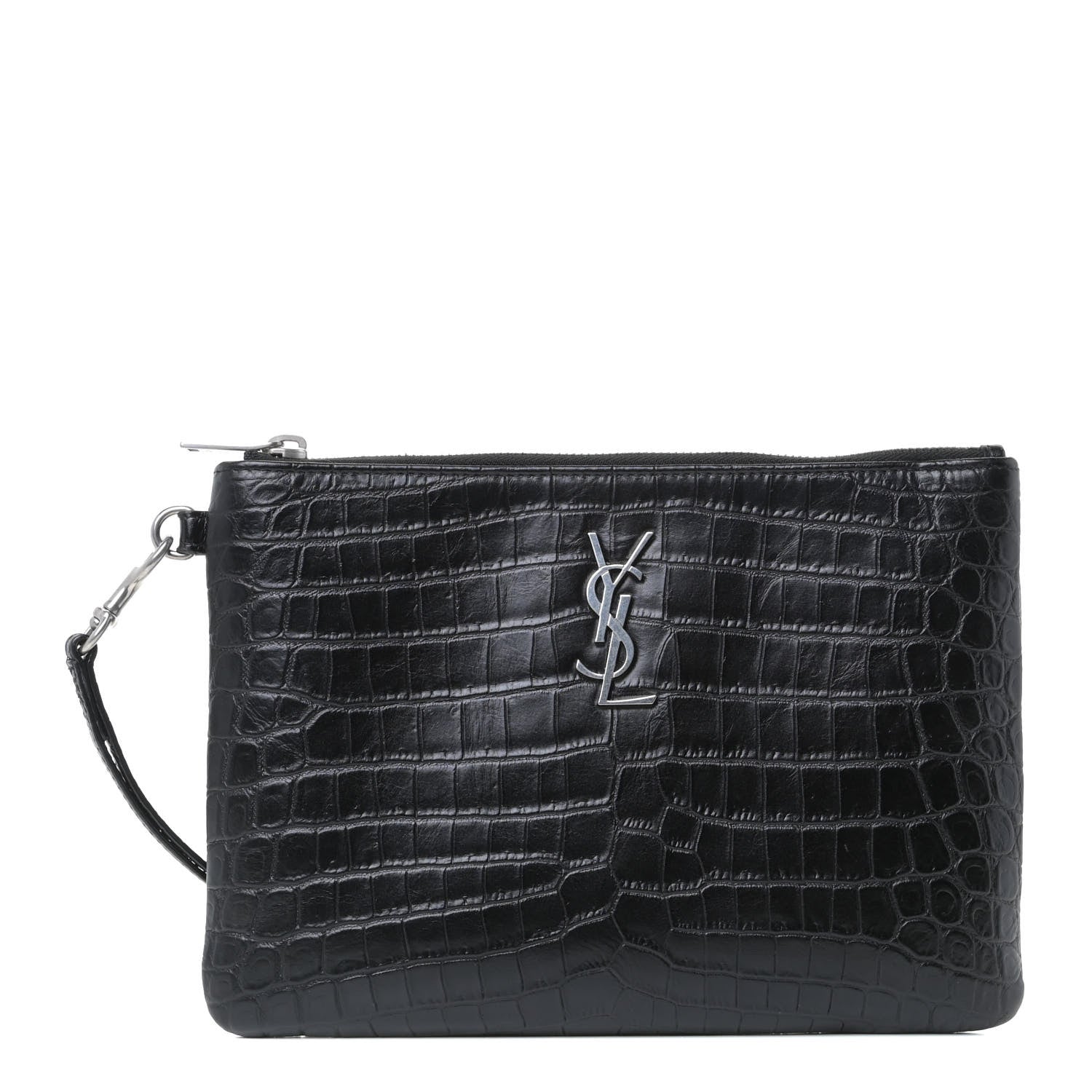 Saint Laurent Calfskin Crocodile Embossed Monogram Zip Pouch Black 1 of 9