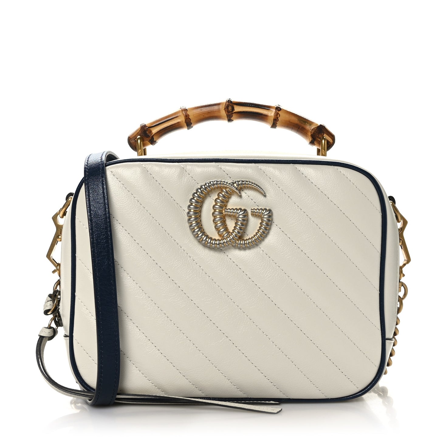 Vintage Effect Calfskin Matelasse Diagonal Small Torchon GG Marmont Bamboo Top Handle Shoulder Bag Mystic White Blue Agata