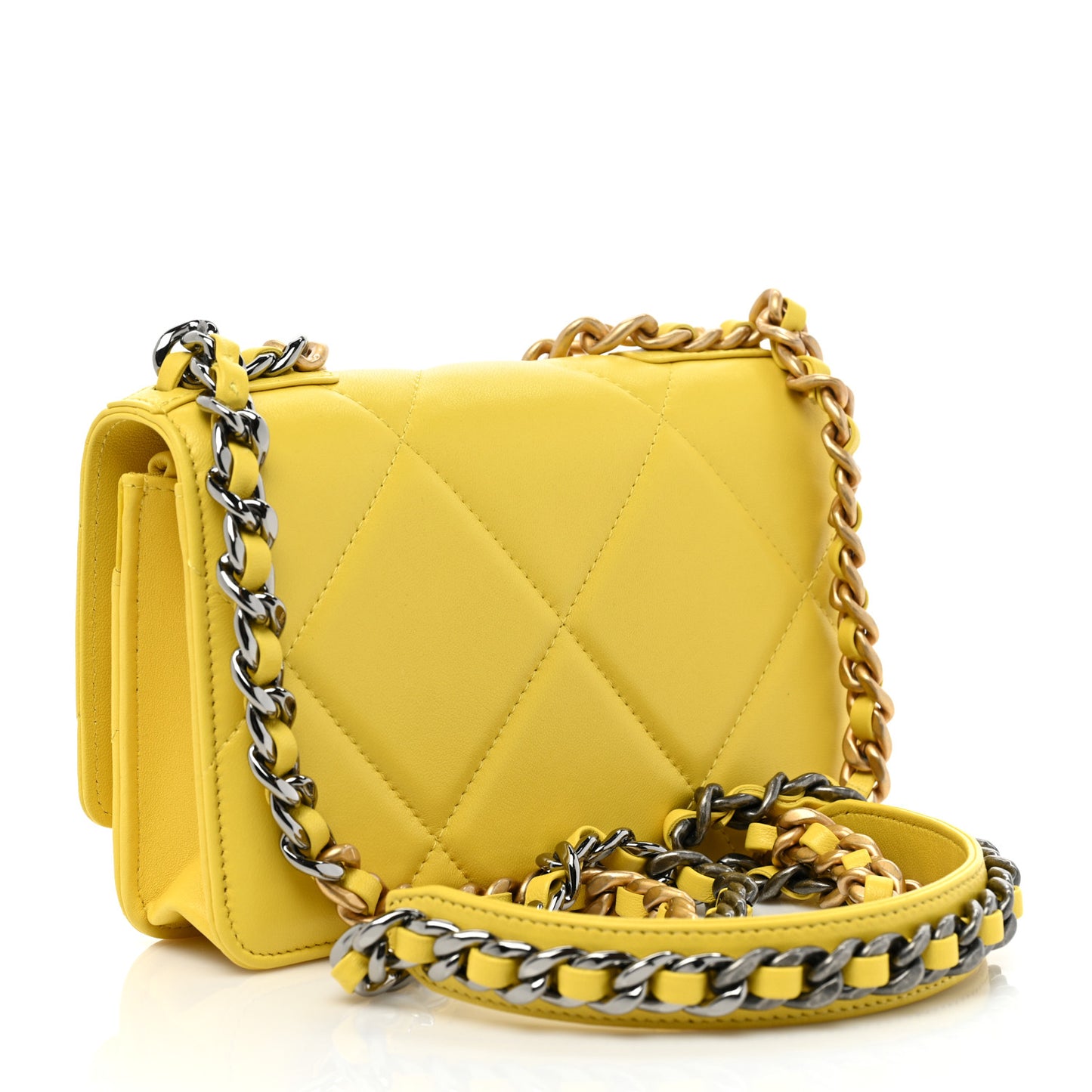 Lambskin Quilted Chanel 19 Wallet On Chain WOC Yellow