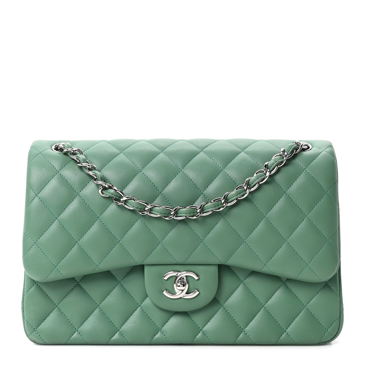 Lambskin Quilted Jumbo Double Flap Green