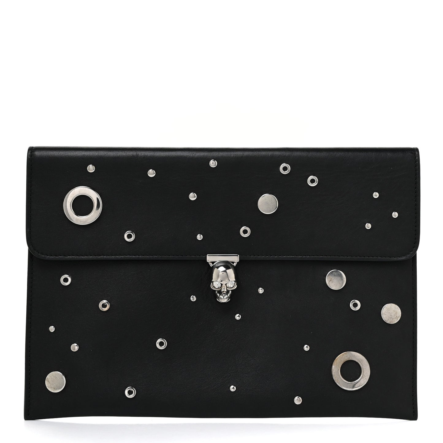 Calfskin Grommet Skull Envelope Clutch Black