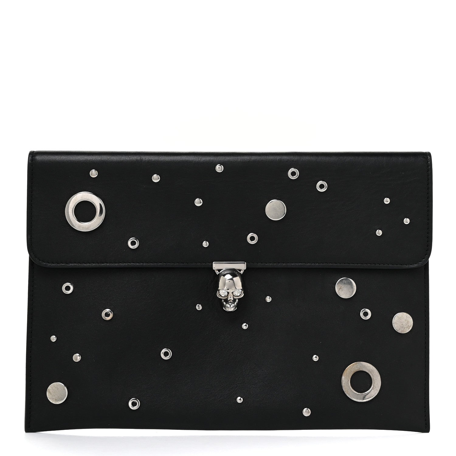 Alexander McQueen Calfskin Grommet Skull Envelope Clutch Black 1 of 16