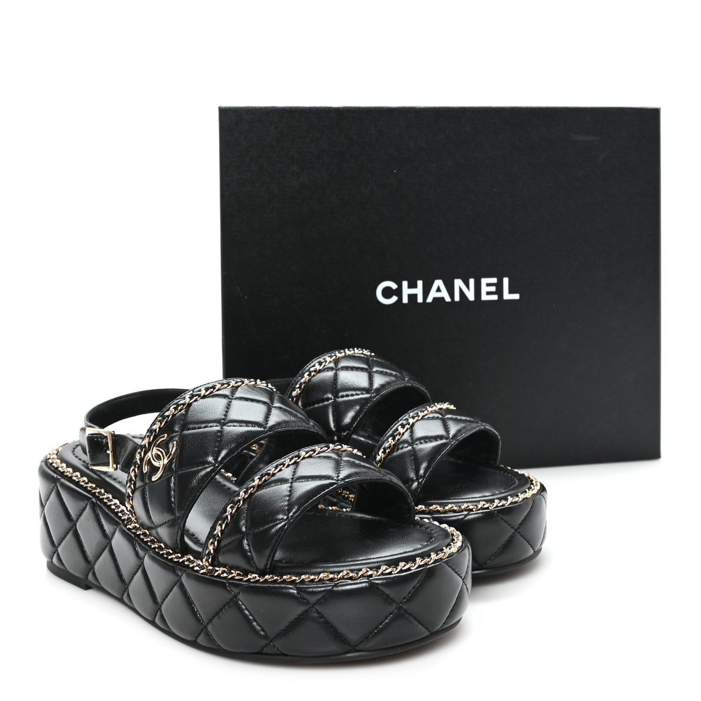 Shiny Lambskin Quilted Chain Around CC Platform Sandals 39 Black