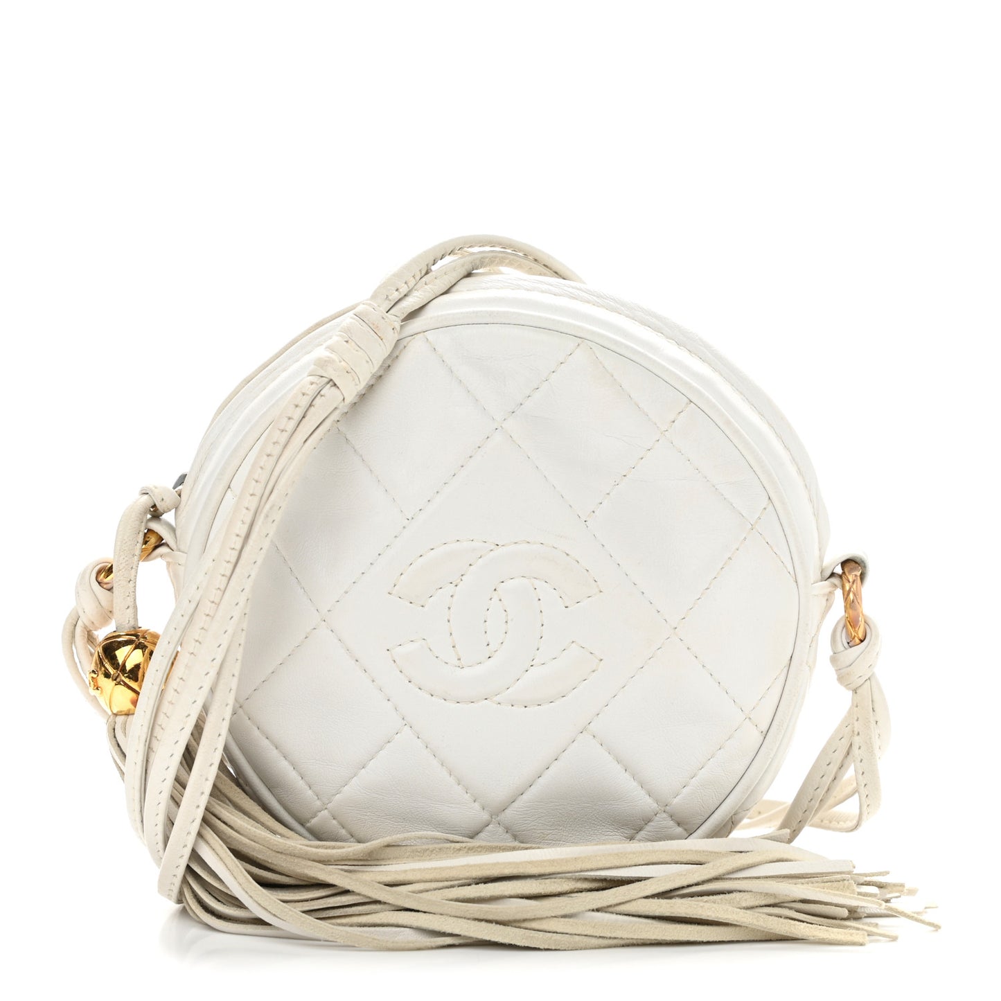 Lambskin Quilted Round Tassel Crossbody Bag White