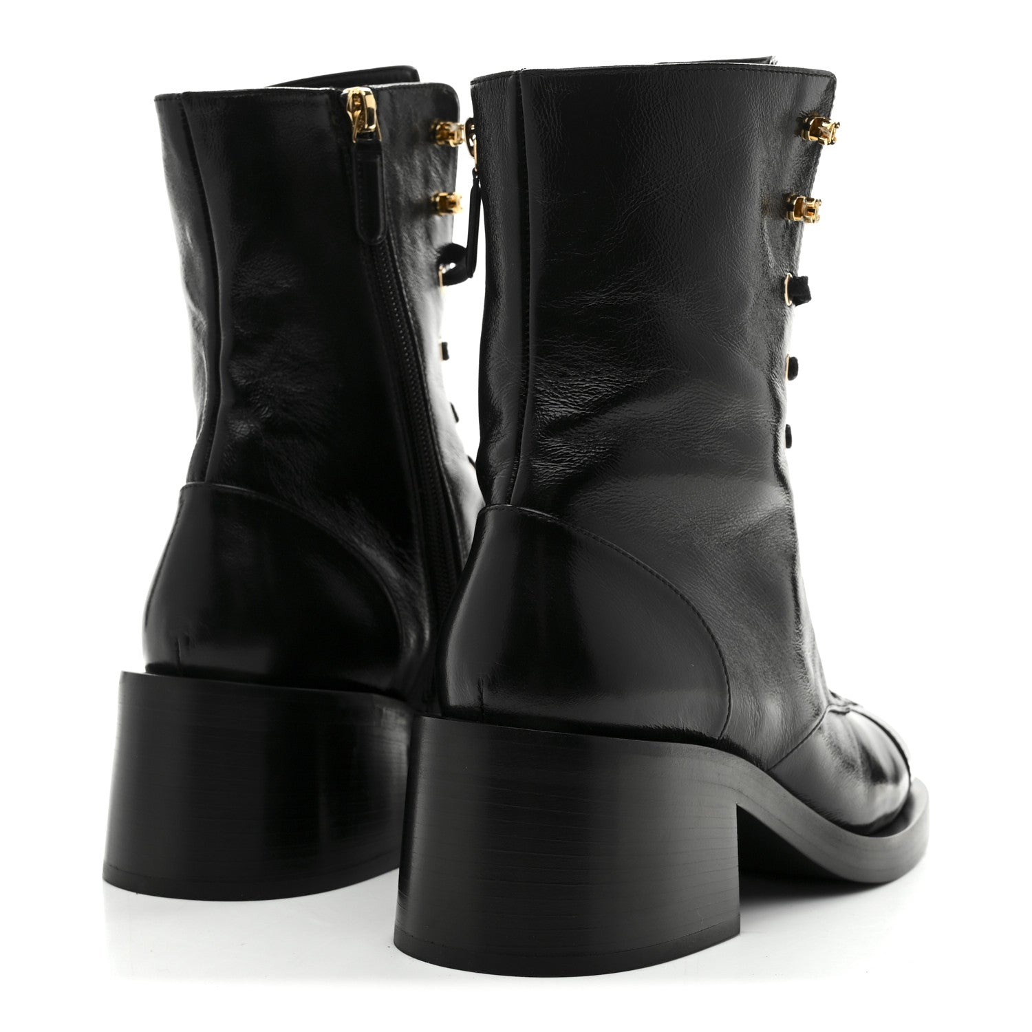 Chanel Shiny Calfskin Patent Cap Toe Lace Up Combat Boots 39 Black 5 of 9