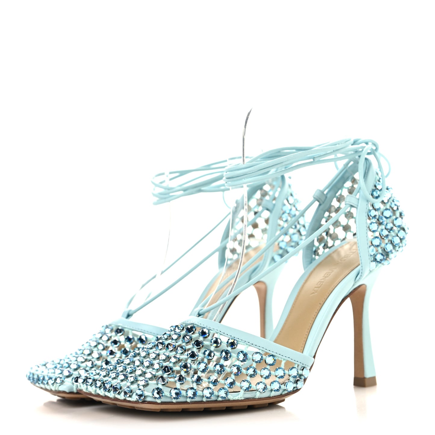 Mesh Nappa Crystal Embellished Sparkle Stretch Ankle Tie 90mm Sandals 36 Pool